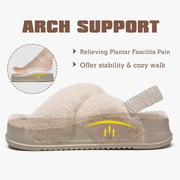 NWT Kuailu Women’s Beige Fuzzy Criss Cross Platform Slippers w/ Arch Support - 8 - Picture 6 of 9